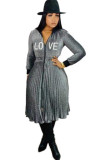 Grey Polyester Sexy Cap Sleeve Long Sleeves Turndown Collar pleated Knee-Length Character Solid Long Sle