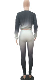 Black Fashion Casual Adult Polyester Gradual Change Split Joint O Neck Long Sleeve Regular Sleeve Short Two Pieces