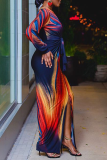 Multicolor Sexy Print Slit V Neck Long Sleeve Dresses