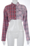 Pink Casual Plaid Patchwork Turndown Collar Mid Waist Tops