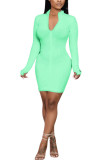 Light Green Fashion Casual adult Ma'am Cap Sleeve Long Sleeves O neck Step Skirt Knee-Length Solid Dresses