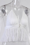 White Sexy Solid Tassel Backless With Bow Spaghetti Strap Tops