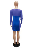 Color Blue Work Daily Solid Hollowed Out Patchwork See-through Pencil Skirt Dresses