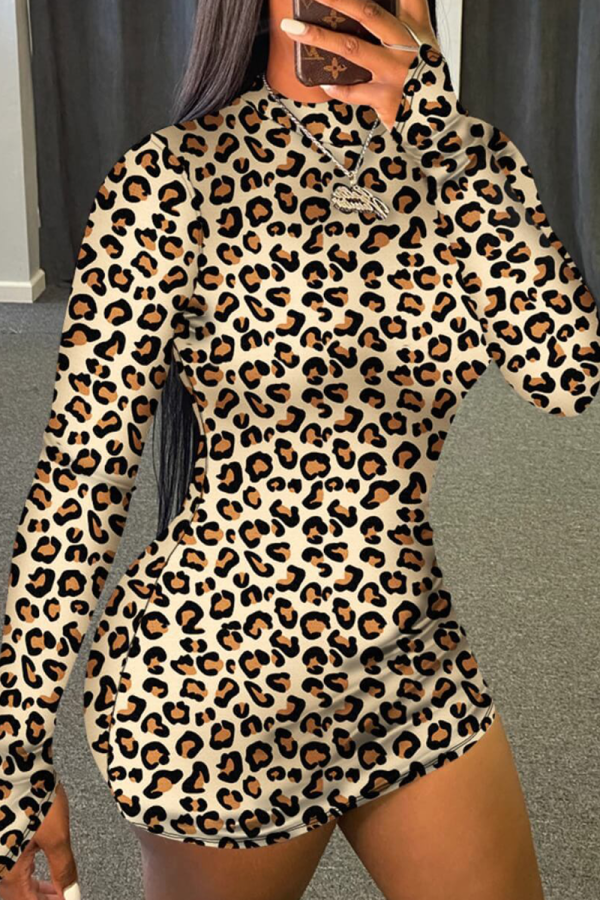 Leopard Print Sexy Leopard Patchwork Half A Turtleneck Wrapped Skirt Dresses