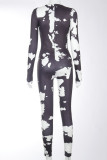 Black And White Casual Print Patchwork Tie-dye O Neck Regular Jumpsuits