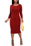 Orange Polyester Fashion Sexy adult Ma'am Cap Sleeve Long Sleeves O neck Step Skirt Mid-Calf Solid backless Dresses