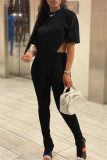 Red Fashion Casual Solid Slit Asymmetrical O Neck Short Sleeve Two Pieces