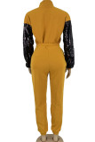 Yellow Polyester Sexy Solid Sequin Patchwork Two Piece Suits asymmetrical pencil Long Sleeve