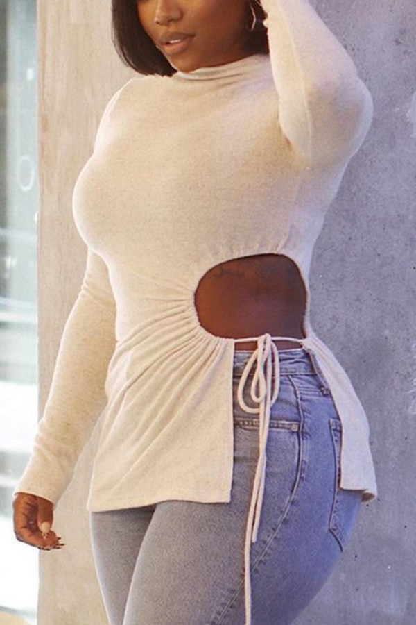 Cream White Sexy Casual Solid Hollowed Out Half A Turtleneck Tops