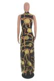 Black Polyester Sexy Tank Sleeveless O neck Swagger Ankle-Length Print Club Dresses