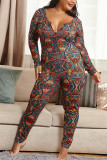 multicolor Sexy Living Polyester Knitting National Totem Print Buttons U Neck Plus Size