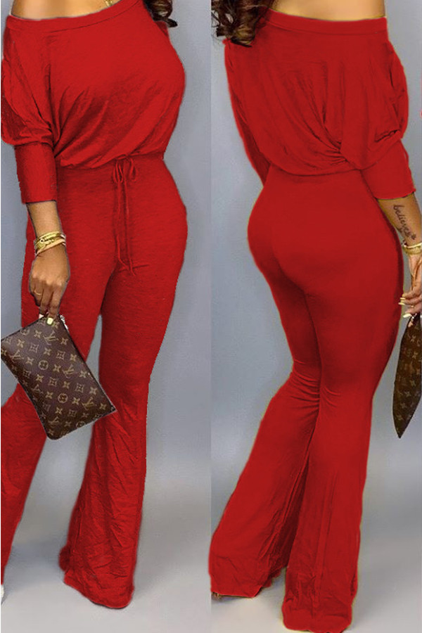 Red Casual Two Piece Suits Solid Loose Long Sleeve Two-piece Pants Set