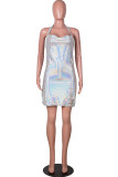White Sexy Ripped Hollowed Out Sequins See-through Backless Slit Halter Mini Dress Dresses
