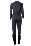 Red Casual Leopard Patchwork O Neck Long Sleeve Two Pieces