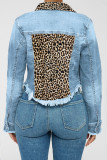 Light Blue Fashion Casual Leopard Patchwork Turndown Collar Long Sleeve Regular Denim Coats