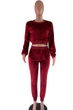Maroon Polyester Casual Two Piece Suits Patchwork pencil Long Sleeve Two-piece Pants Set