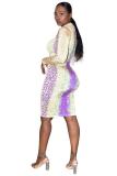 purple Fashion adult OL Cap Sleeve Long Sleeves O neck Step Skirt Knee-Length Print