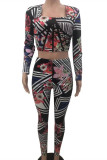 Multicolor Fashion Casual Print Basic Square Collar Long Sleeve Two Pieces
