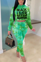 Green Polyester Fashion Casual adult Ma'am Patchwork Print Two Piece Suits pencil Long Sleeve Two Pieces