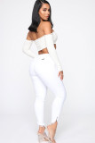 White Denim Zipper Fly Button Fly Mid Solid Zippered Pocket washing Hole pencil Pants Pants