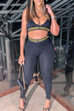 Black Sexy Sportswear Letter Print Backless V Neck Sleeveless Two Pieces
