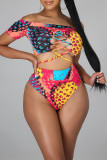 Red Yellow Fashion Sexy Print Hollowed Out Backless Strap Design Swimwears