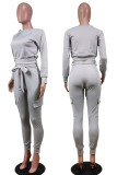 Grey Street Polyester Solid Split Joint O Neck Long Sleeve Regular Sleeve Short Two Pieces