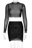 Black Sexy Patchwork See-through Half A Turtleneck Long Sleeve Two Pieces