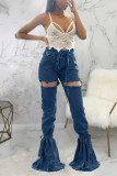 Dark Blue Denim Button Fly Sleeveless High Patchwork washing Hole Solid bandage Boot Cut Pants
