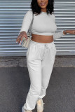 White Work Daily Solid Patchwork O Neck Long Sleeve Two Pieces