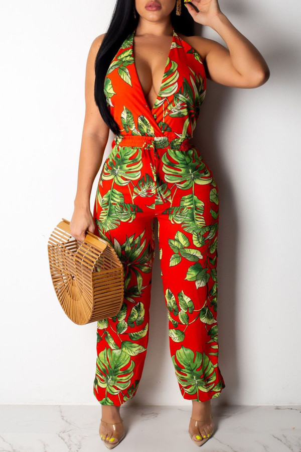 Red Fashion Sexy Print Backless V Neck Regular Jumpsuits
