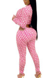 Pink Fashion Daily Adult Twilled Satin Print Split Joint O Neck Long Sleeve Regular Sleeve Short Two Pieces