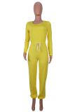 Tangerine Red Casual Solid Draw String O Neck Regular Jumpsuits