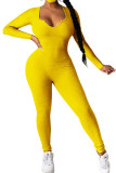 Yellow Fashion Casual Adult Solid Patchwork V Neck Skinny Jumpsuits