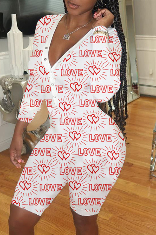 White Fashion Casual Letter Print Basic V Neck Regular Romper