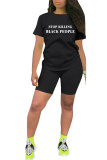 Black Cotton Fashion Active Casual Letter Draped Straight Short Sleeve Two Pieces