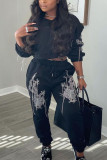 Black Casual Print Patchwork Beading O Neck Long Sleeve Two Pieces