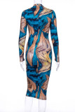 Colour Sexy Print Asymmetrical O Neck Pencil Skirt Dresses
