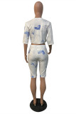 White Fashion Casual Print Basic O Neck Half Sleeve Two Pieces