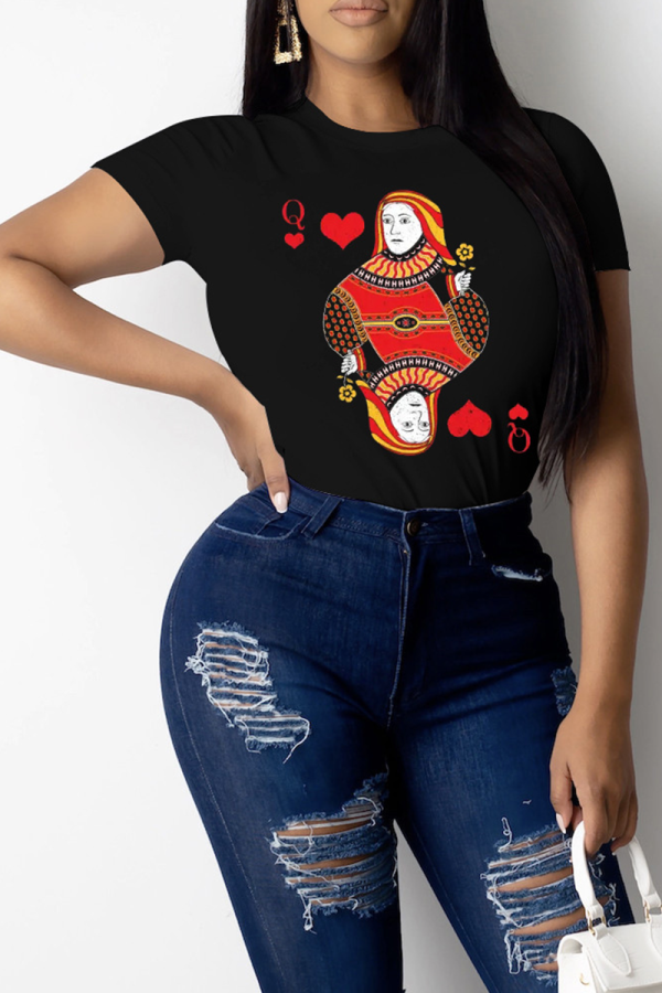 Black Casual Print Patchwork O Neck Tops