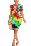 Cyan Polyester Fashion Street Print Two Piece Suits Straight Short Sleeve Two Pieces
