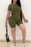 Army Green Fashion Casual Print Basic O Neck Short Sleeve Two Pieces
