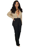 Khaki Polyester Lightly cooked Fashion adult Solid Button Patchwork Two Piece Suits Straight Long Sleeve
