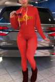 Red Sportswear Letter Print Patchwork Hooded Collar Long Sleeve Two Pieces