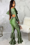 Green Polyester Sexy Print Patchwork Two Piece Suits Boot Cut Long Sleeve Two-piece Pants Set