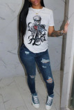 White Fashion Casual Print Basic O Neck T-Shirts