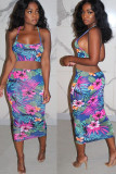 Green Polyester Fashion adult Ma'am Lightly cooked Floral Print Two Piece Suits pencil Sleeveless Two Pieces