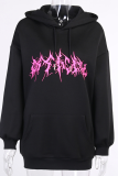 Black Street Print Patchwork Hooded Collar Tops