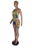 Yellow Fashion Sexy Print Hollowed Out O Neck Long Sleeve Dresses