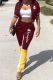 Burgundy Casual Print Patchwork Zipper Collar Half Sleeve Two Pieces